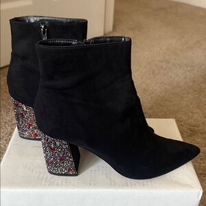 Betsey Johnson Black Boots with Multicolor Embellished Heels